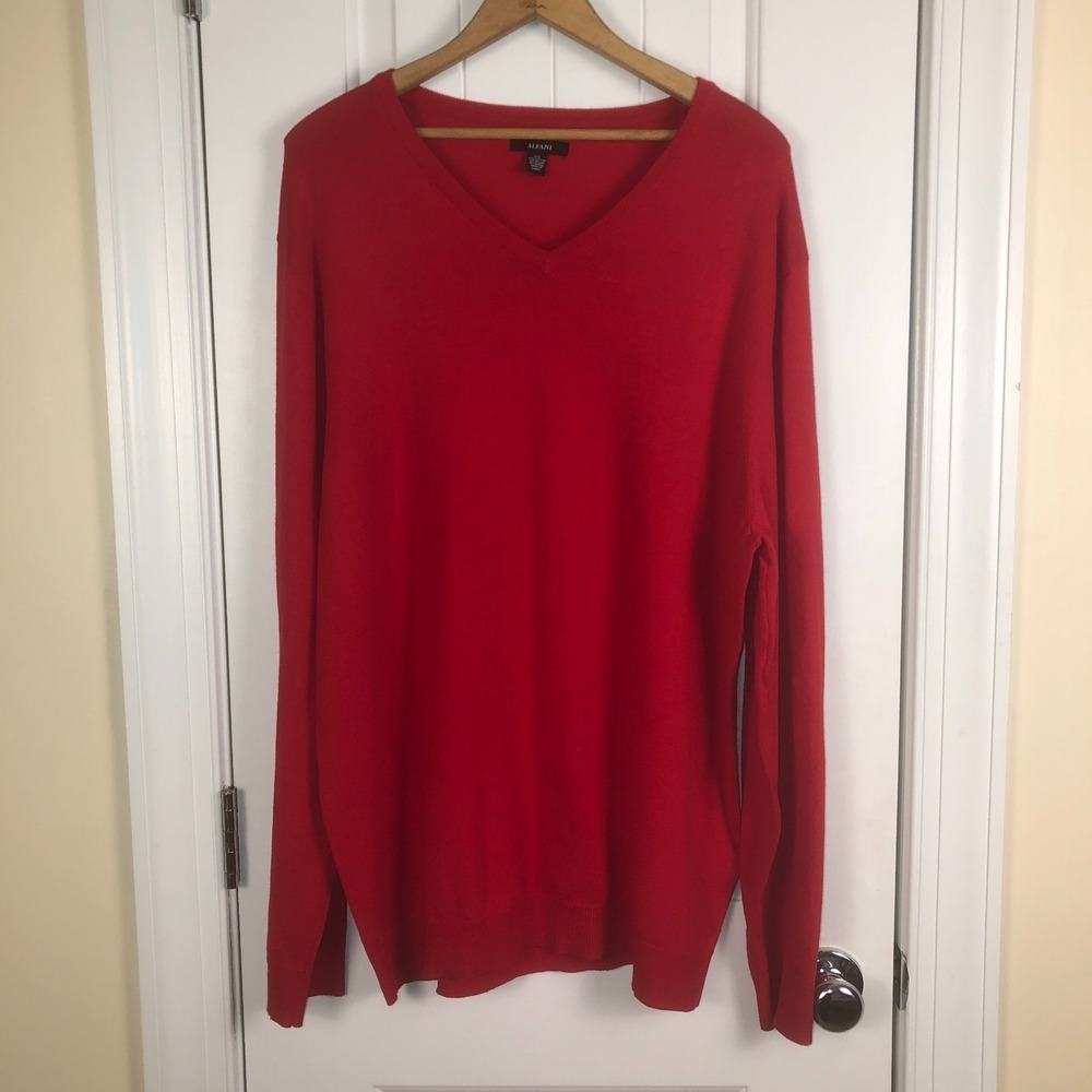 Alfani Mens V-Neck Sweater Red Cotton Blend Size 2XL L/S Preppy Academia Grandpa